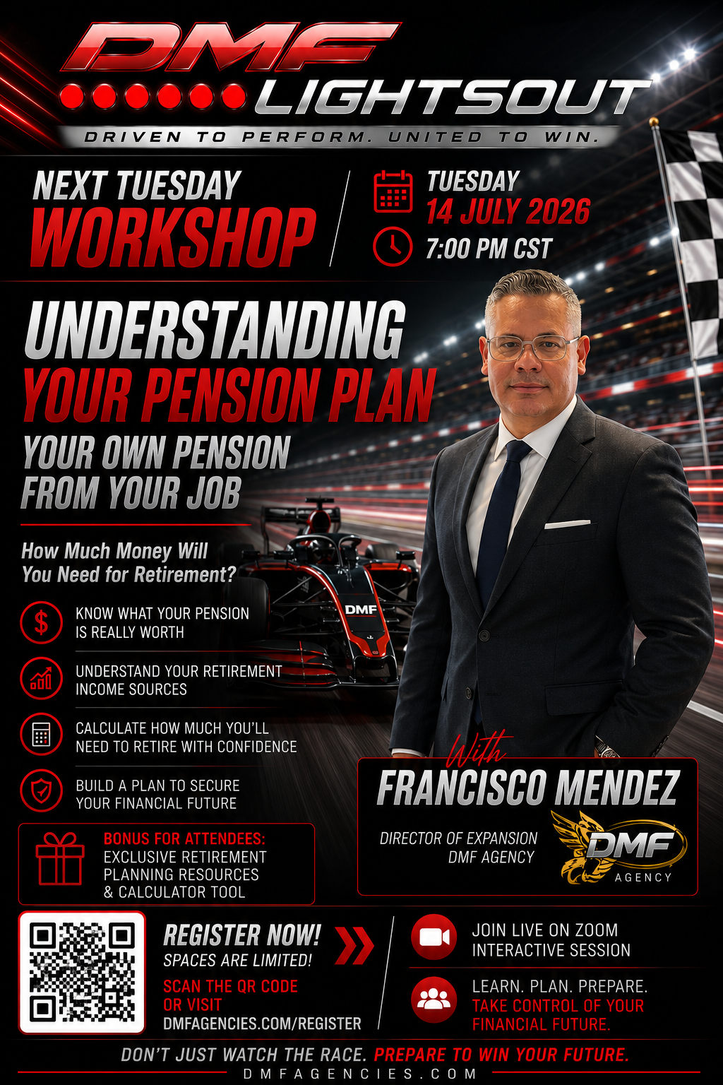 DMF Lights Out workshop flyer for Understanding Your Pension Plan on Tuesday July 14 2026 at 7:00 PM CST